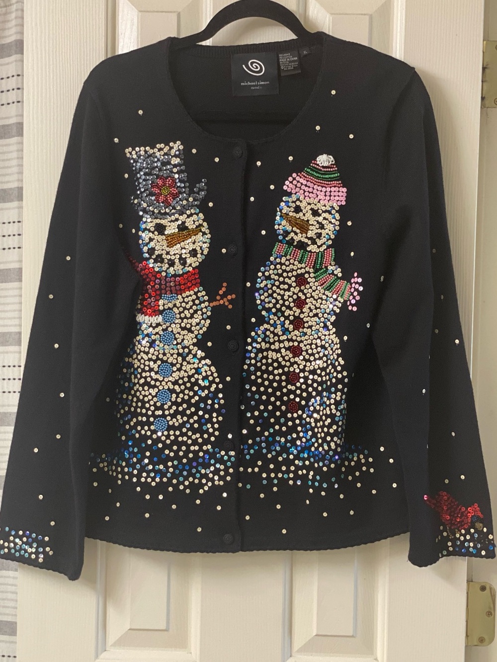 Michael Simon Event Black Beaded Sequins Snowman Cardigan Sweater Size XL